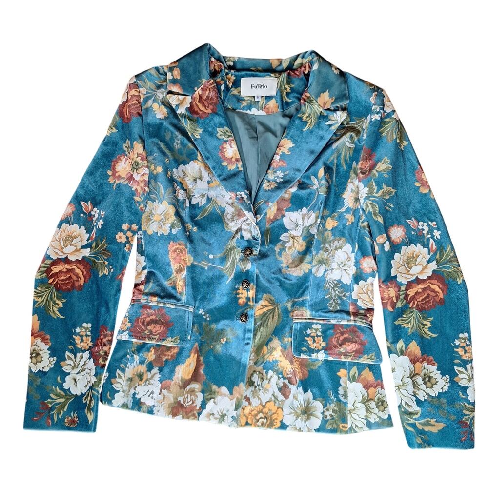 FuTario Womens Medium Teal Velvet Floral Blazer Vintage Tailored Jacket NWOT